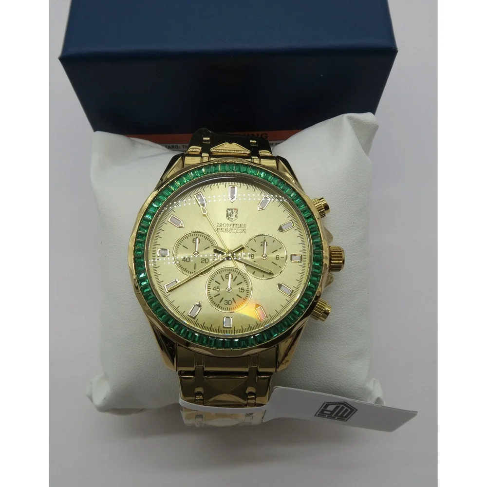 Montres Prestige Gold Chronograph Watch Green Crystal Bezel MPW-0340 New